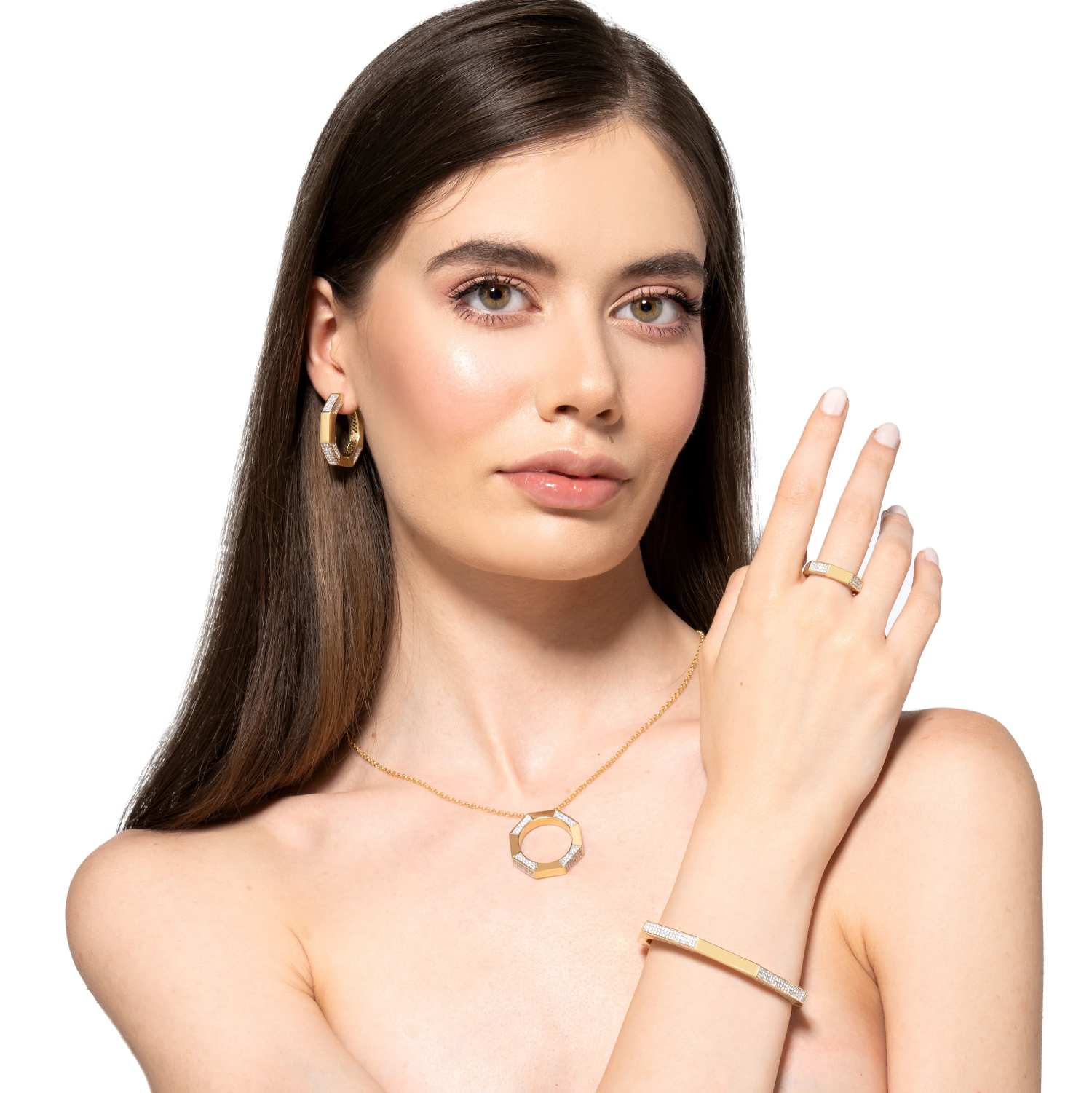 Collana Donna Argento 925 Oro Ottagonale Zirconi Bianchi CL105GB