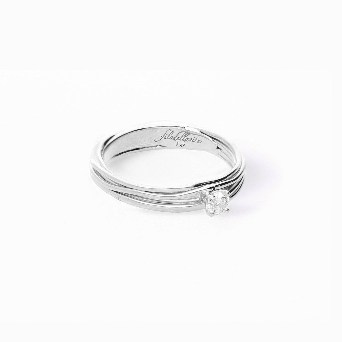 Anello Oro 9 KT Bianco Filo della vita Solitario Diamante 0.18 Mis 15