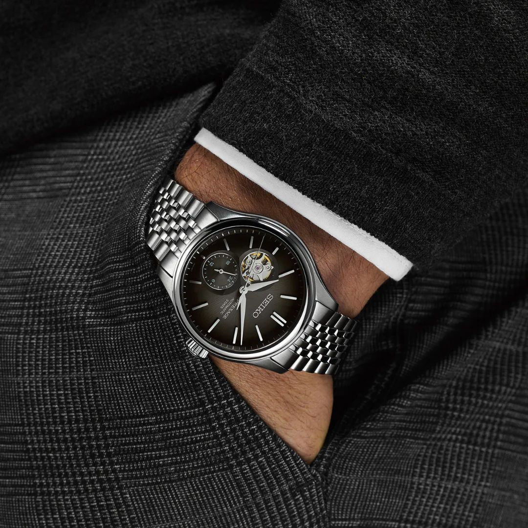 Orologio Uomo Seiko Presage Automatico Open Heart Nero Seta Acciaio SPB471J1