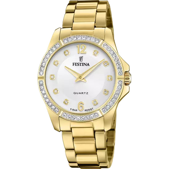 Orologio Donna Festina Acciaio Dorato Bianco Zirconi Quarzo Solo Tempo F20596/1