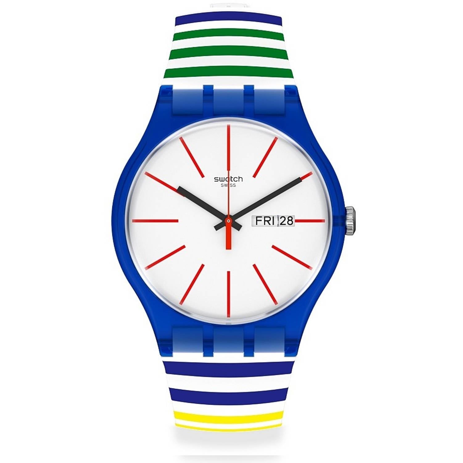 Orologio Uomo Gomma Swatch Quarzo Solo Tempo Doppia Data Arcobaleno SUON715