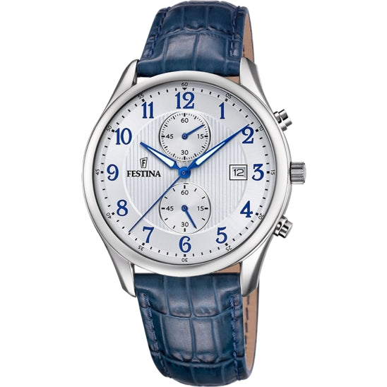 Orologio Uomo Festina Cronografo Bianco Numeri Blu Data Pelle Blu F6855/A