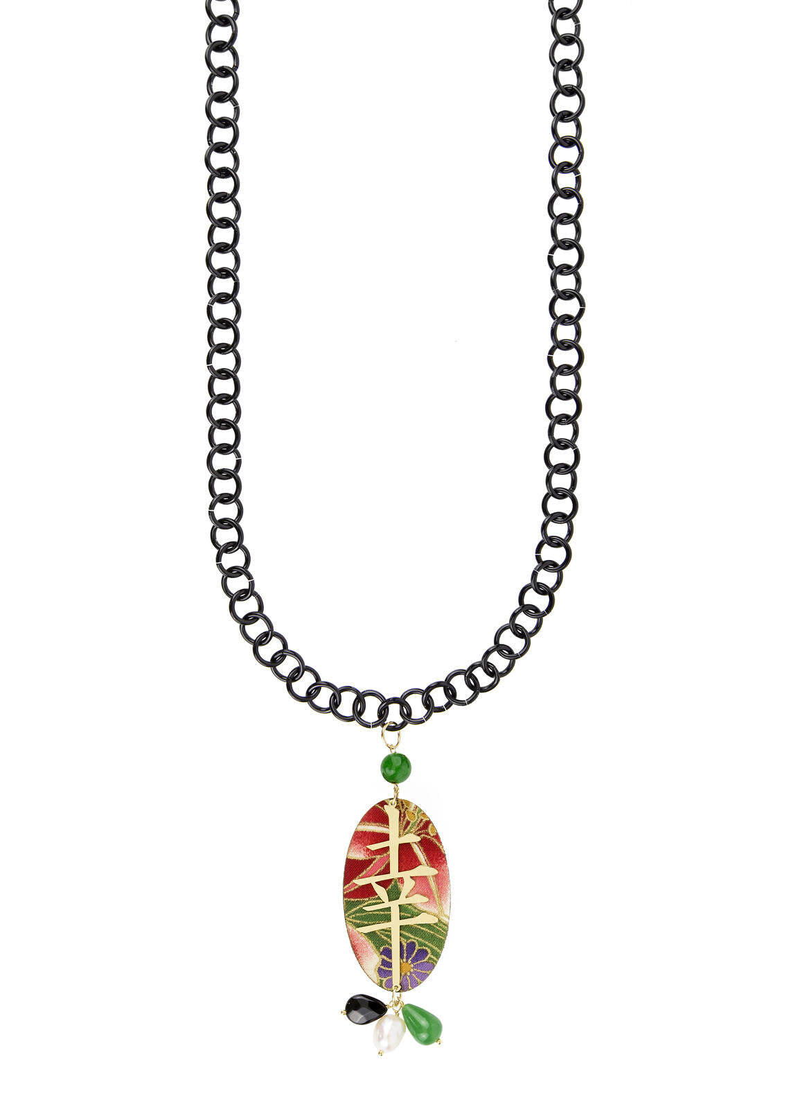 Collana Donna Lebole Tessuto Rosso Legno Kanji Grande Fortuna KJCL/S/Verde