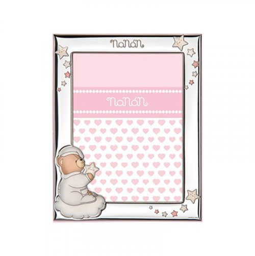 Cornice Bambina Nanan Laminato Argento Orsetto Stelle Smalto Rosa 18x13 cm NCO0035