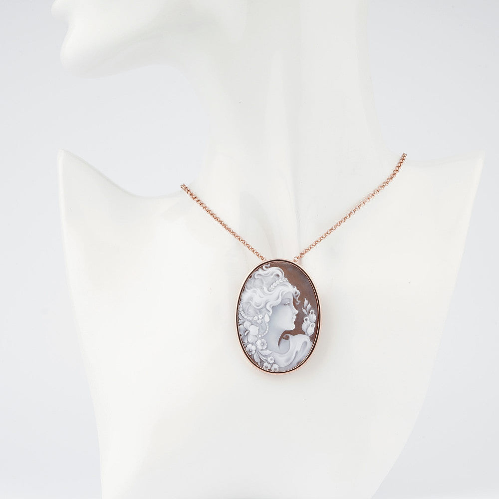 Pendente Donna Cameo Italiano Argento Rosè 925 Dea Incisa Cammeo Marrone SP201X-G