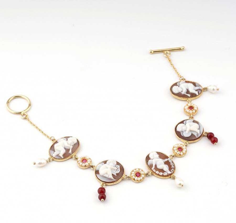 Bracciale Donna Cameo Italiano Argento Rosè 925 Angeli Perline B909-G