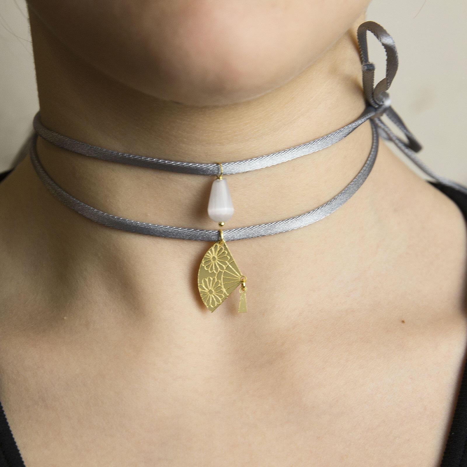Collana Donna Lebole Tessuto Grigio Ottone Ventaglio Quarzo VO.V/FI/Grigio.P