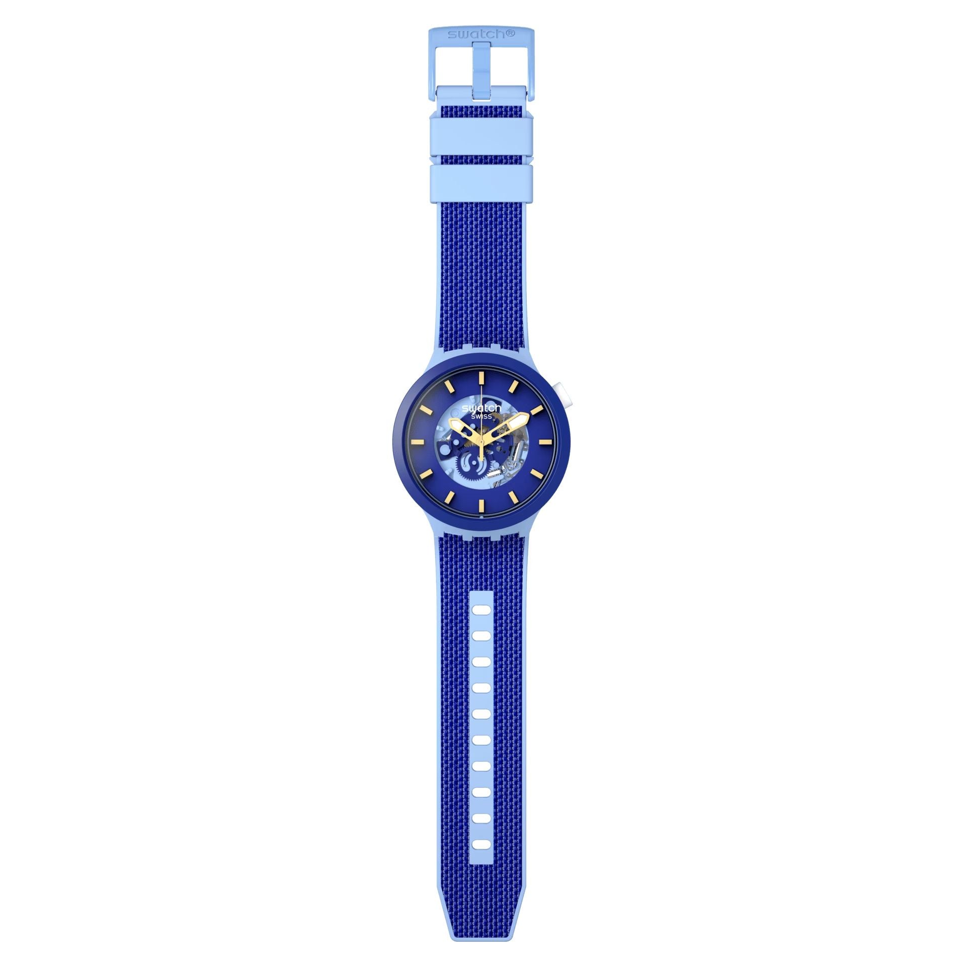 Orologio Uomo Swatch Bioceramic Big Bold Quarzo Solo Tempo Blu Dorato SB05N105