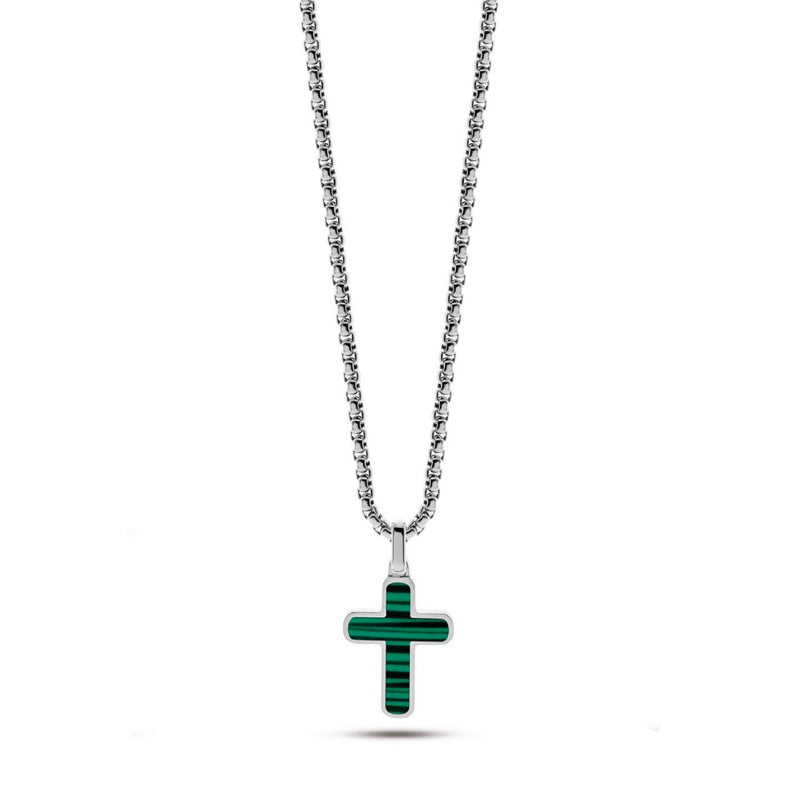 Collana Uomo Liu Jo Acciaio Croce Pietra Malachite Verde MLJ421