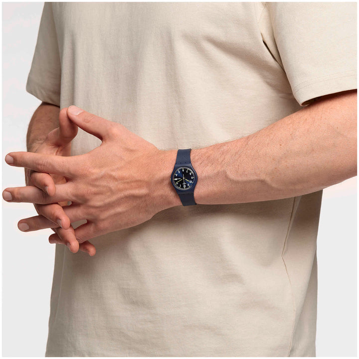 Orologio Uomo Bambino Swatch Quarzo Solo Tempo Doppia Data Numeri Blu SO28N702