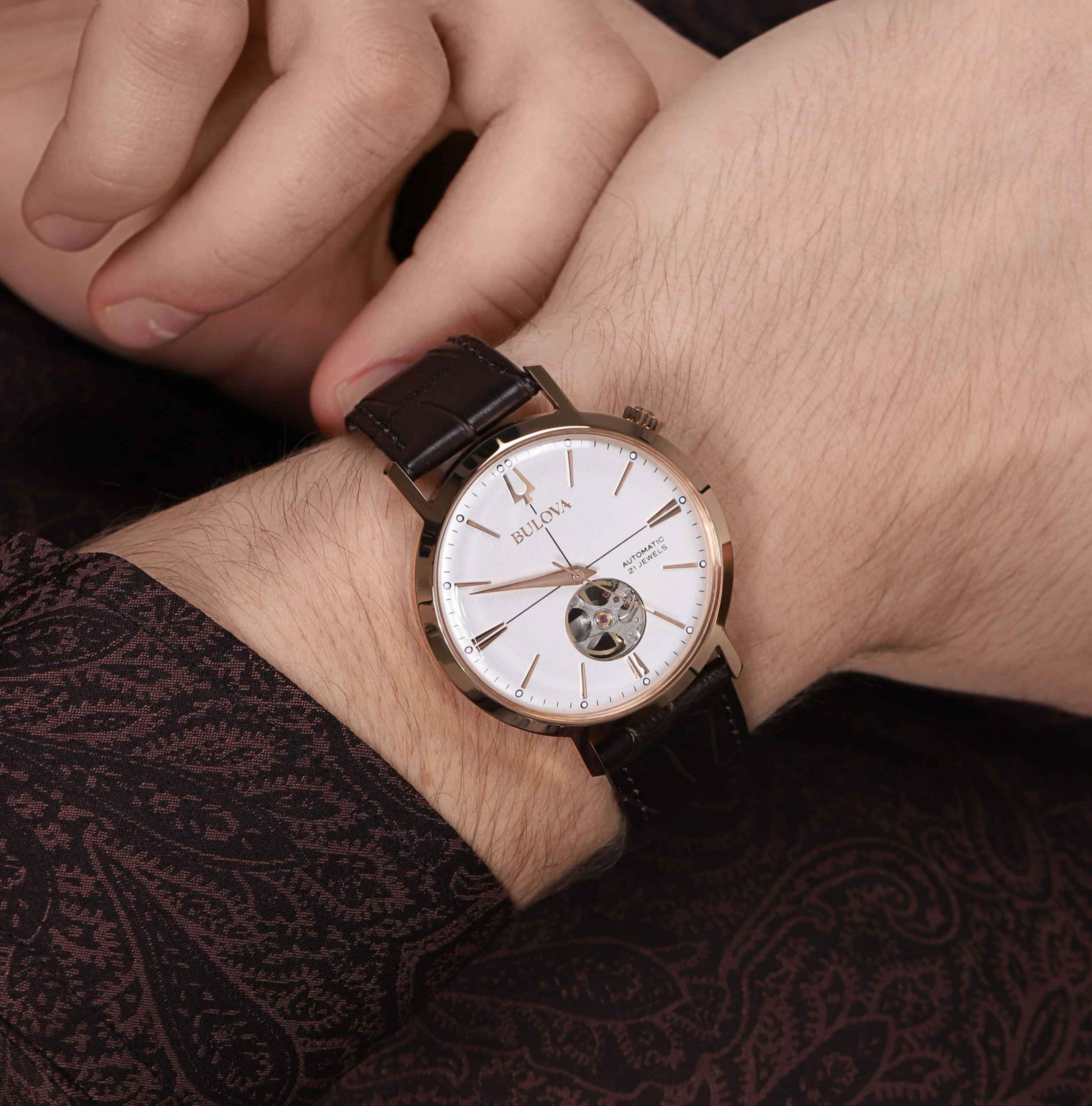 Orologio Uomo Bulova Automatico Aerojet Open Heart Pelle Marrone Acciaio Rosè 97A136