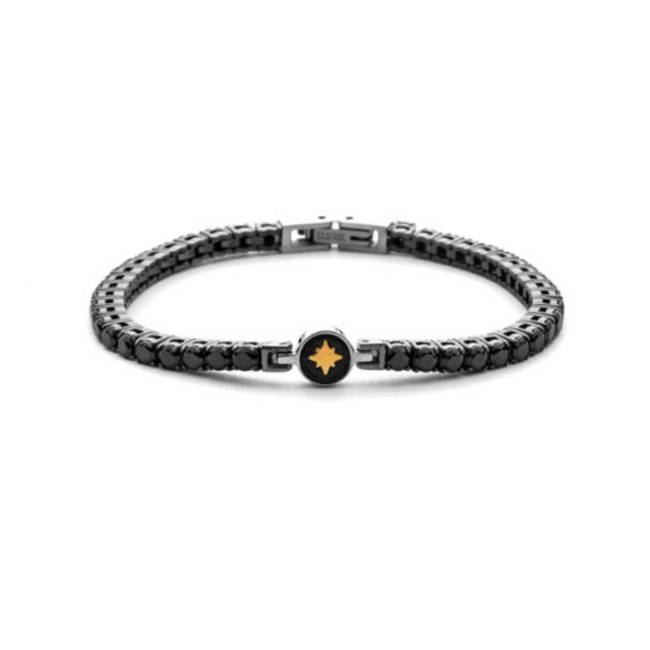 Bracciale Uomo 4US Cesare Paciotti Tennis Acciaio Ceramica Nera Rosa Dei Venti Oro 18 Spinelli Neri 4UBR8799