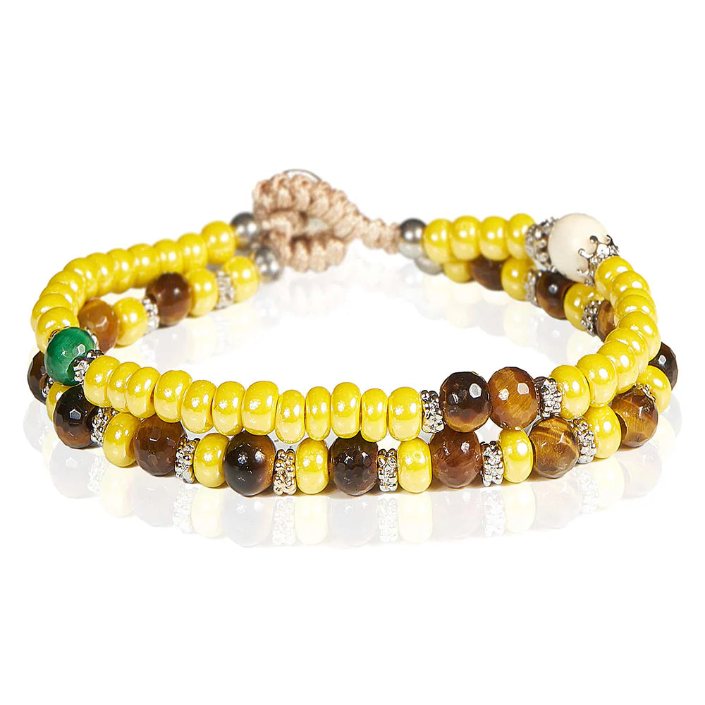 Bracciale Unisex Gerba Argento 925 Doppio Giro Pietre Marroni Murrine Gialle DW08