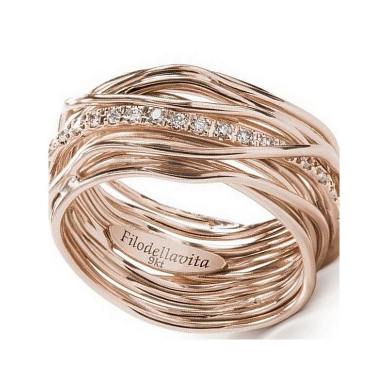 Anello 13 Fili Oro Rosa 9 KT e 16 Diamanti  Filo della Vita Classic mis 18