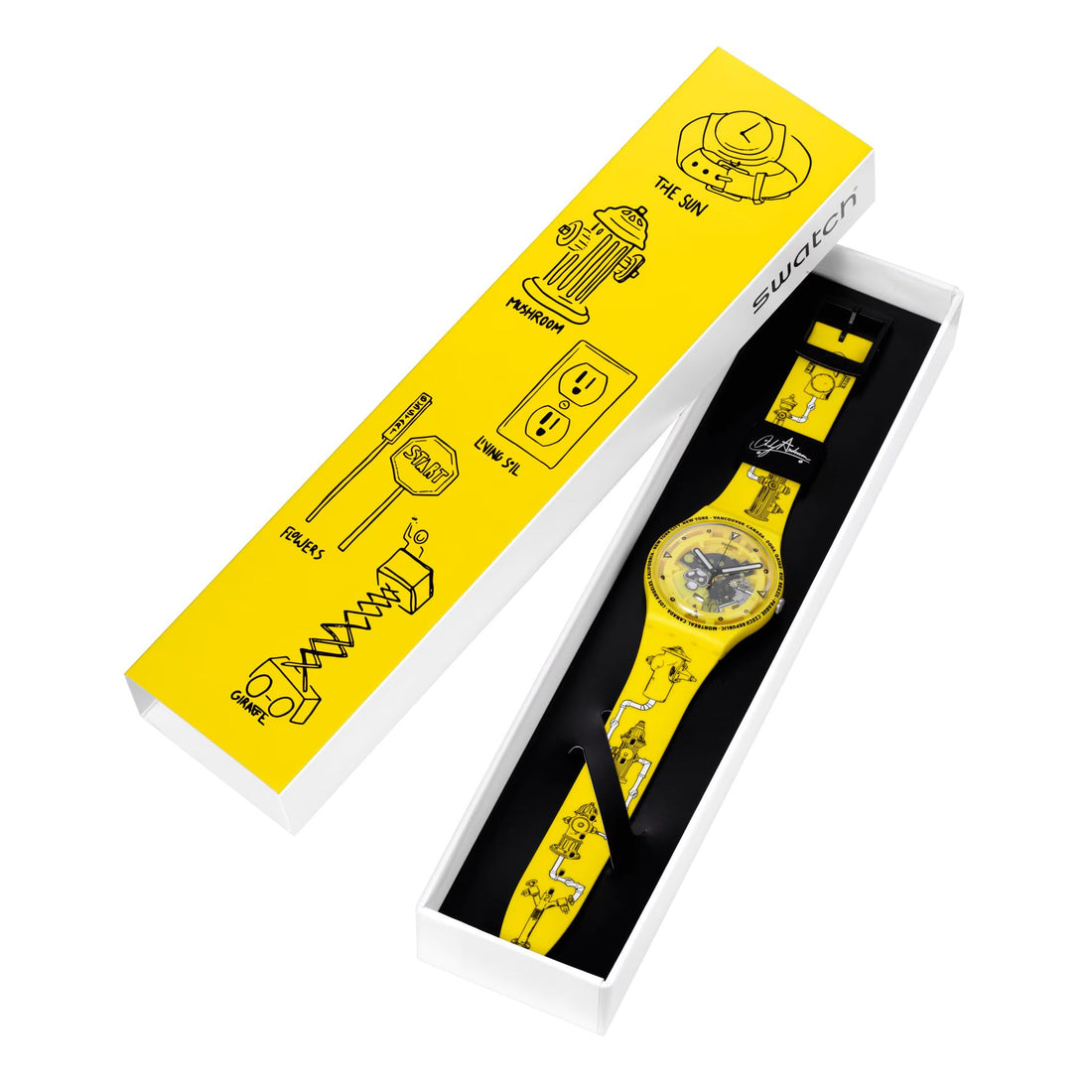 Orologio Unisex Swatch TIME WITH ANDY ANDERSON Nero SCheletrato Giallo SO29J101