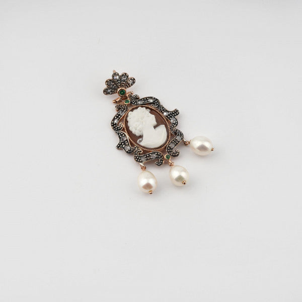 Ciondolo Donna Cameo Italiano Argento Rosè 925 Perle Zirconi P952-R