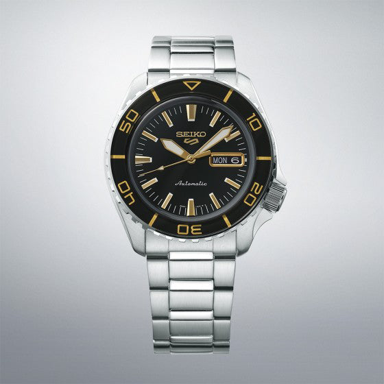 Orologio Uomo Seiko 5 Automatico Nero Dorato Acciaio Doppia Data SRPK99K1