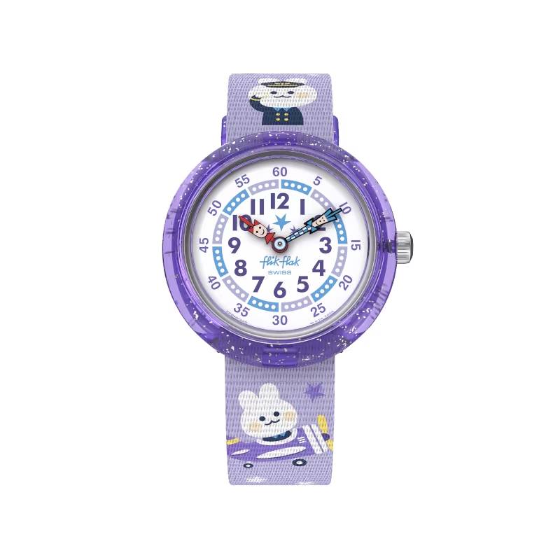 Orologio Bambina Swatch Flik Flak Chasing Clouds Gatti Viola Glitter ZFBNP220