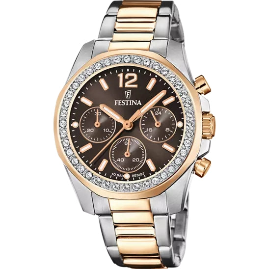 Orologio Donna Festina Quarzo Cronografo Acciaio Bicolore Zirconi Bianchi F20608/1