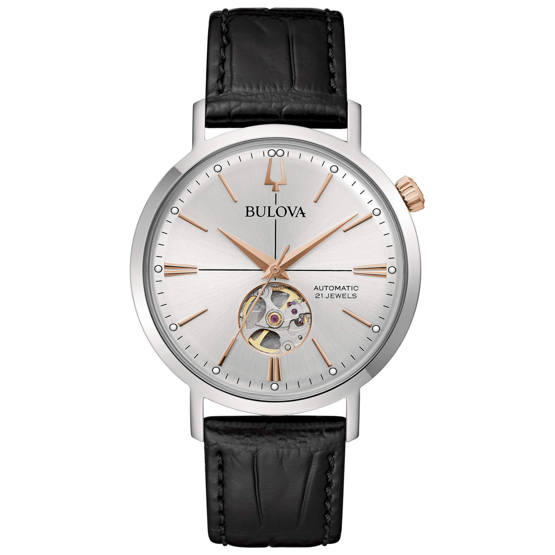 Orologio Uomo Bulova Automatico Aerojet Pelle Nera Acciaio Open Heart 98A289