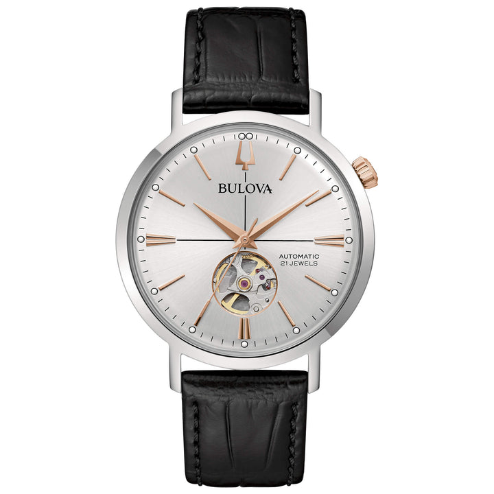 Orologio Uomo Bulova Automatico Aerojet Pelle Nera Acciaio Open Heart 98A289