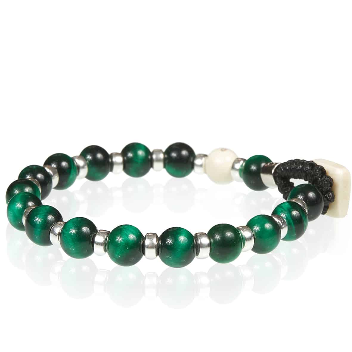 Bracciale Unisex Gerba Argento 925 Elastico Pietra Occhio Di Tigre Verde COD.088