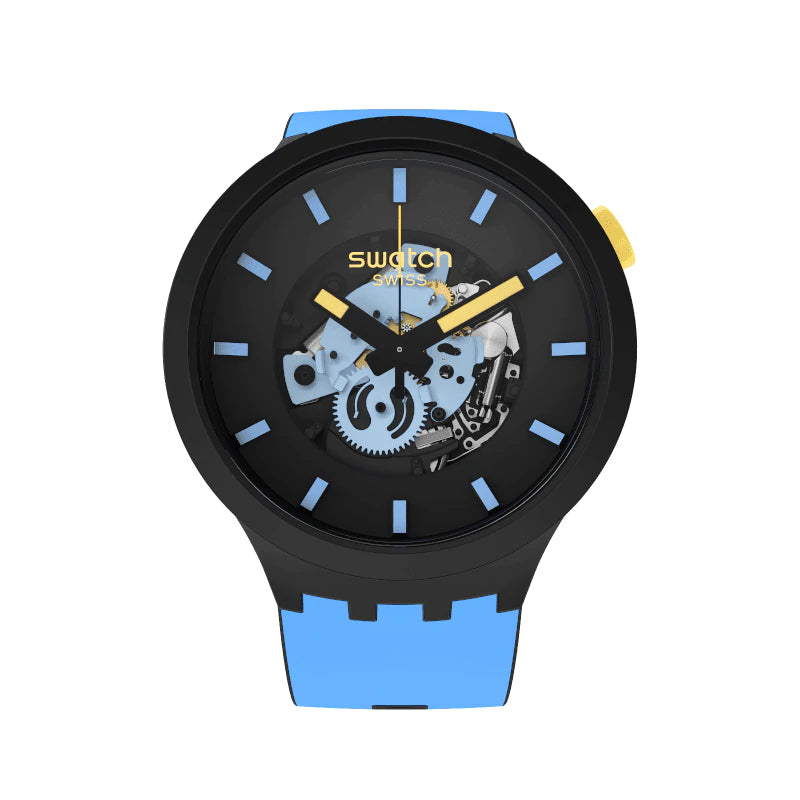 Orologio Uomo Swatch Quarzo Solo Tempo Bioceramic Scheletrato Azzurro SB03B108