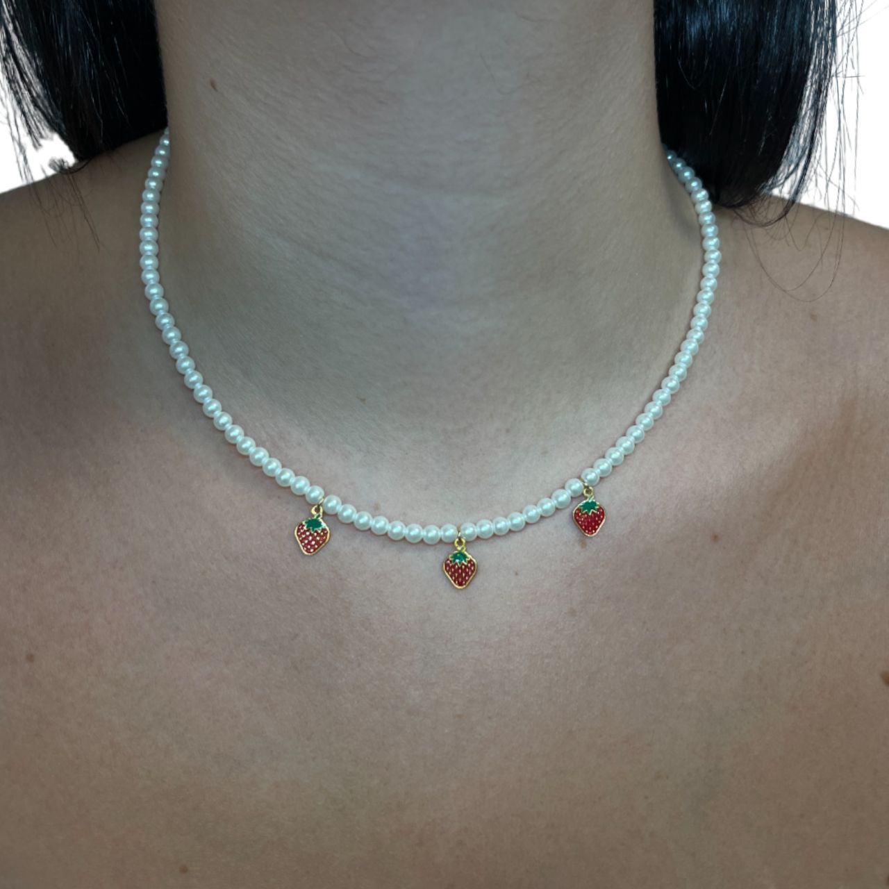 Collana Donna Re Mida Perle Argento Dorato Fragoline Rosse Multiciondolo