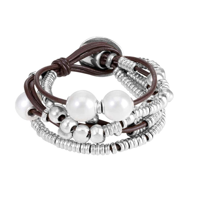 Bracciale Donna Uno De 50 Multifilo Cuoio Marrone e perle