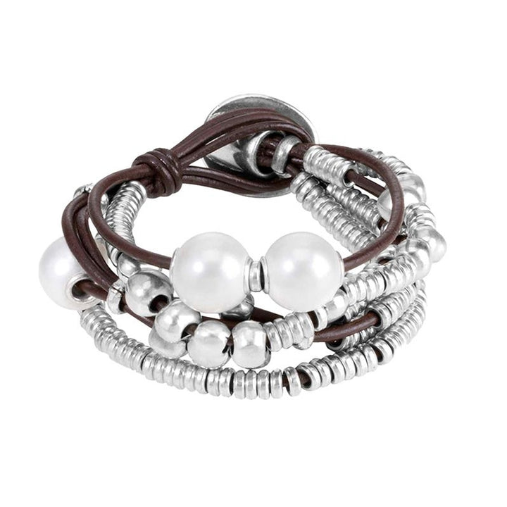 Bracciale Donna Uno De 50 Multifilo Cuoio Marrone e perle