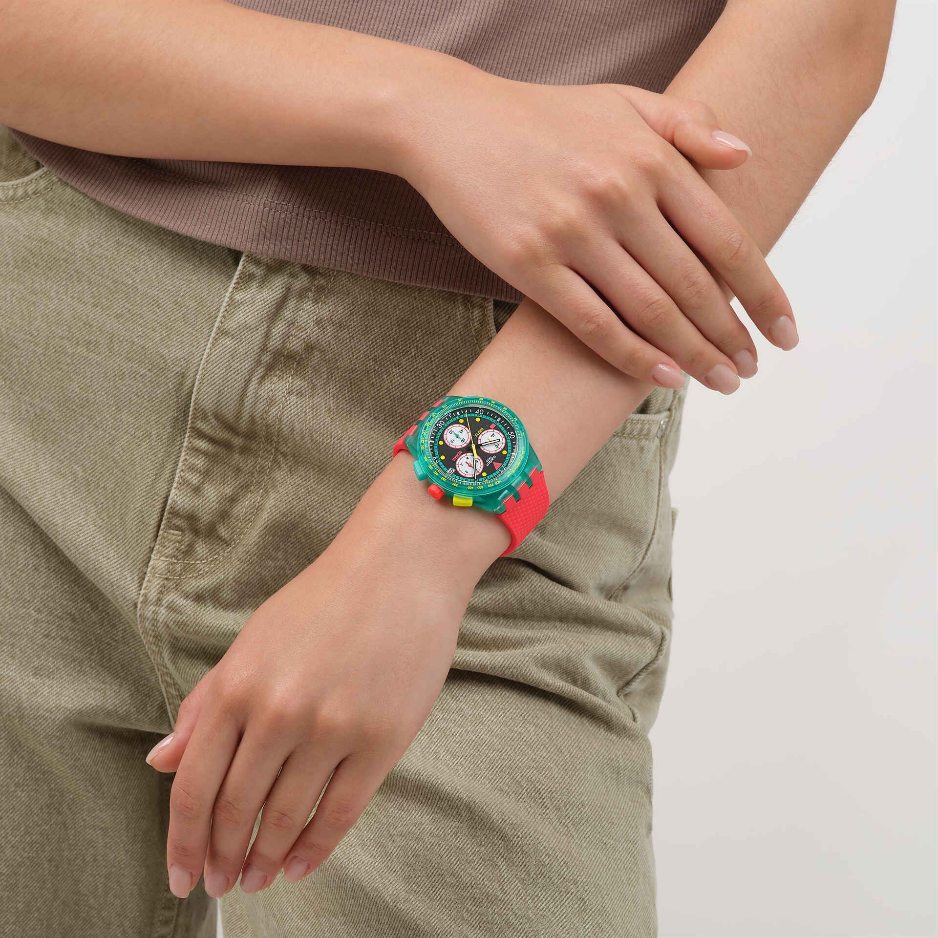 Orologio Unisex Swatch Neon Emerald Chrono 1990 Rosso Data SUSG409