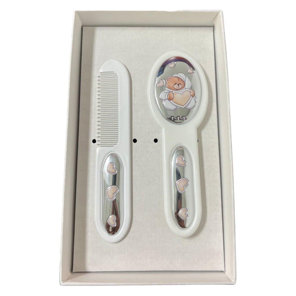 Set Pettine Spazzola Bambino Nanan Bianco Orsetto Cuori NPO0006