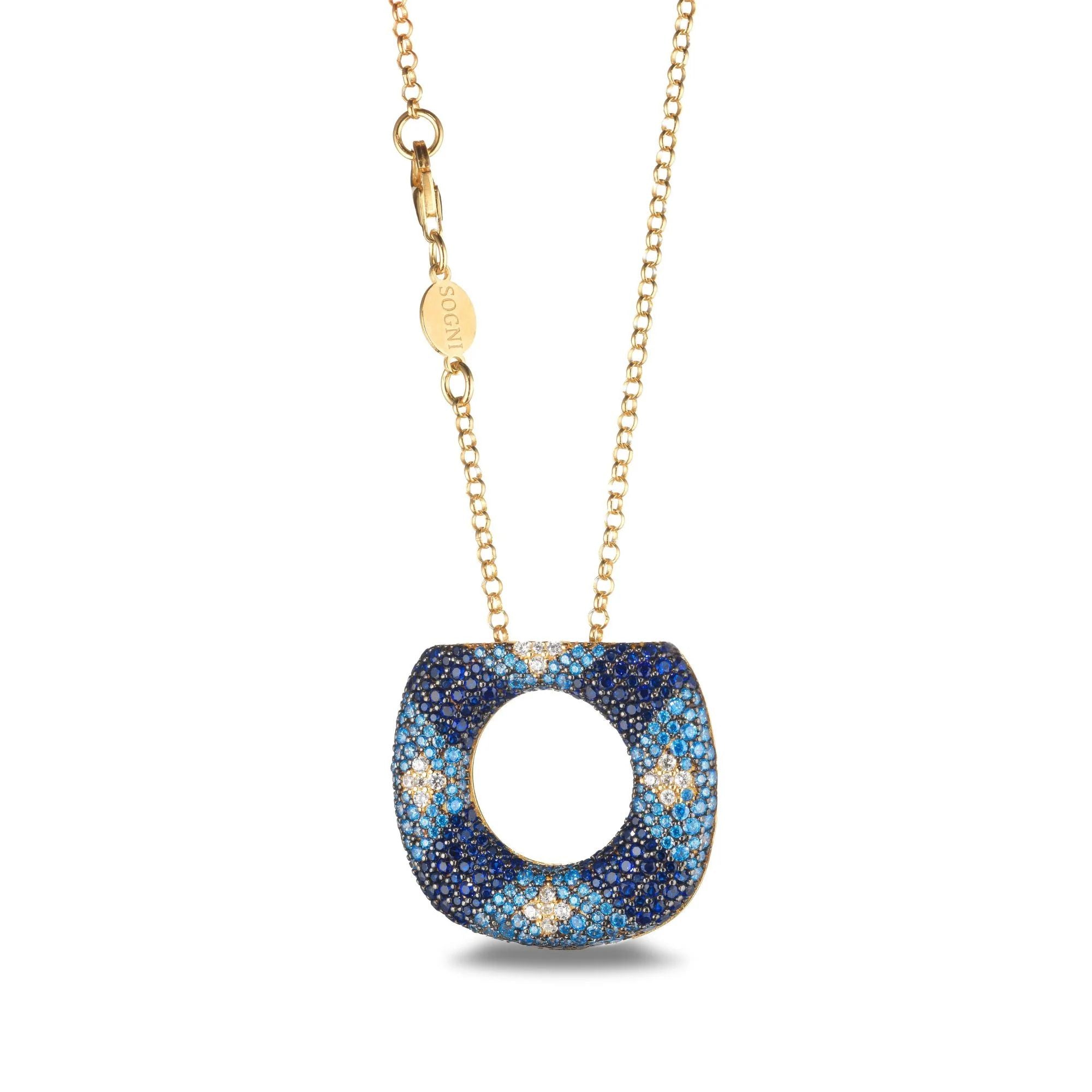 Collana Donna Sogni Argento Dorato 925 Quadrato Tondo Zirconi Blu CL098GBL