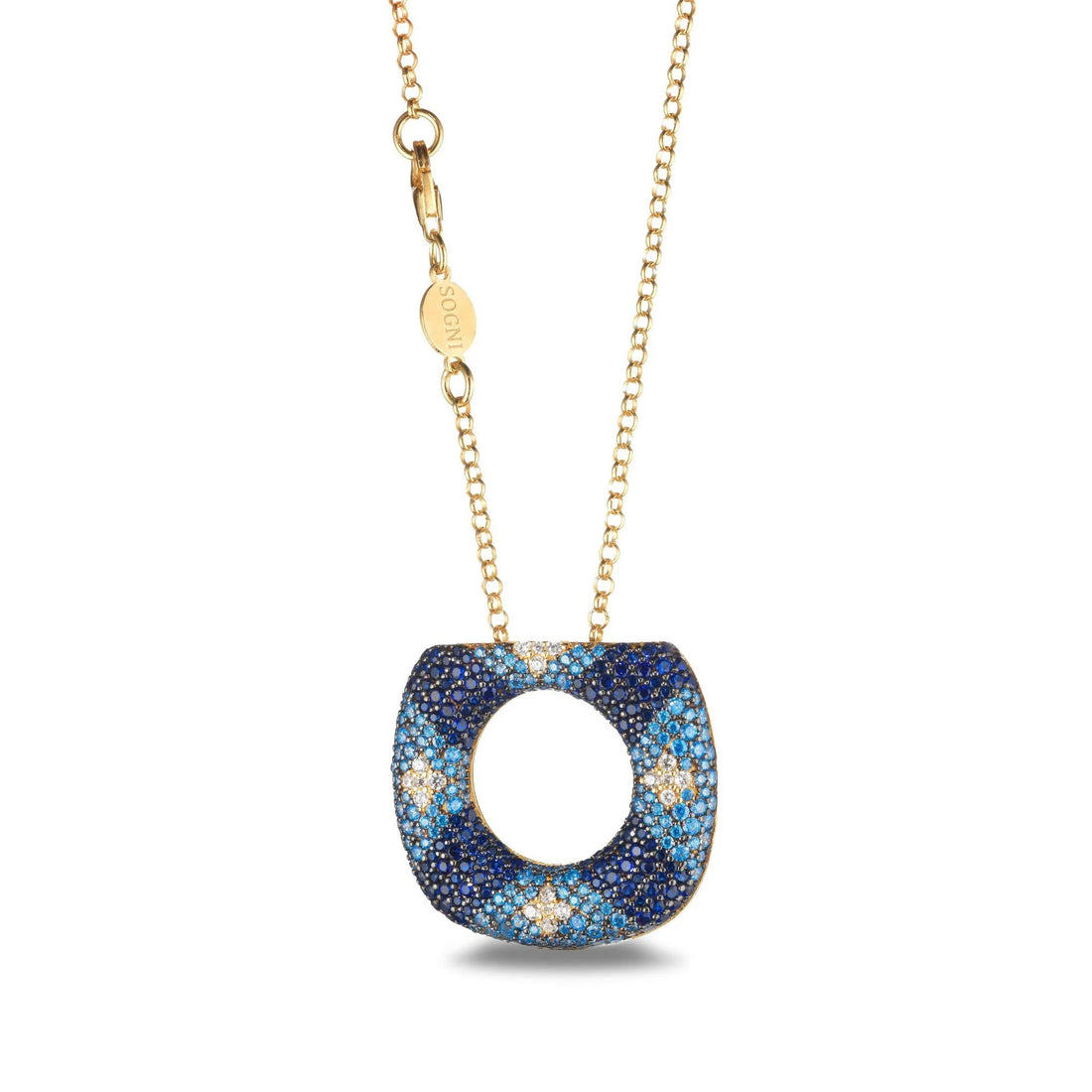 Collana Donna Sogni Argento Dorato 925 Quadrato Tondo Zirconi Blu CL098GBL