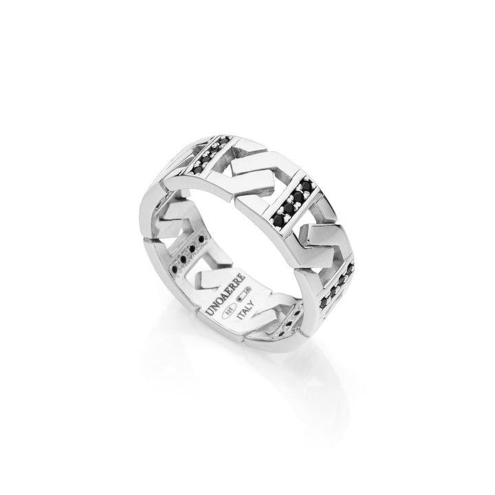 Anello Uomo Unoaerre Argento 925 Maglia Groumette Intrecciata Zirconi Neri 541949