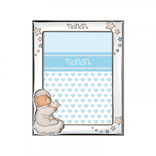 Cornice Bambino Nanan Laminato Argento Orsetto Stelle Smalto Azzurro 18x13 cm NCO0036