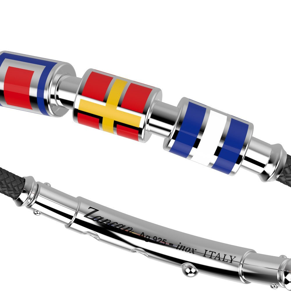 Bracciale Uomo Zancan Argento 925 Semirigido Kevlar Nero Smalto Bandiere EXB517-NE