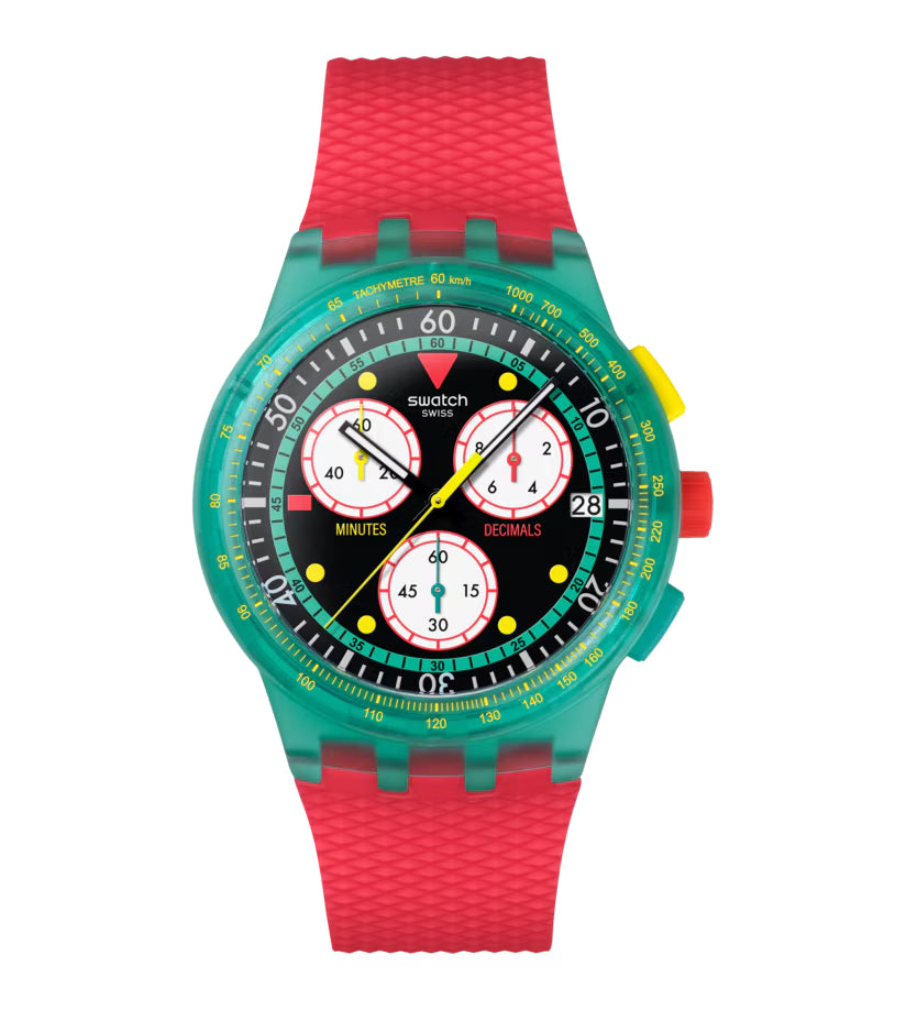 Orologio Unisex Swatch Neon Emerald Chrono 1990 Rosso Data SUSG409