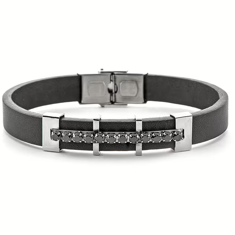 Bracciale Uomo 4US Cesare Paciotti Acciaio Pelle Semirigido Zirconi Neri 4UBR6210