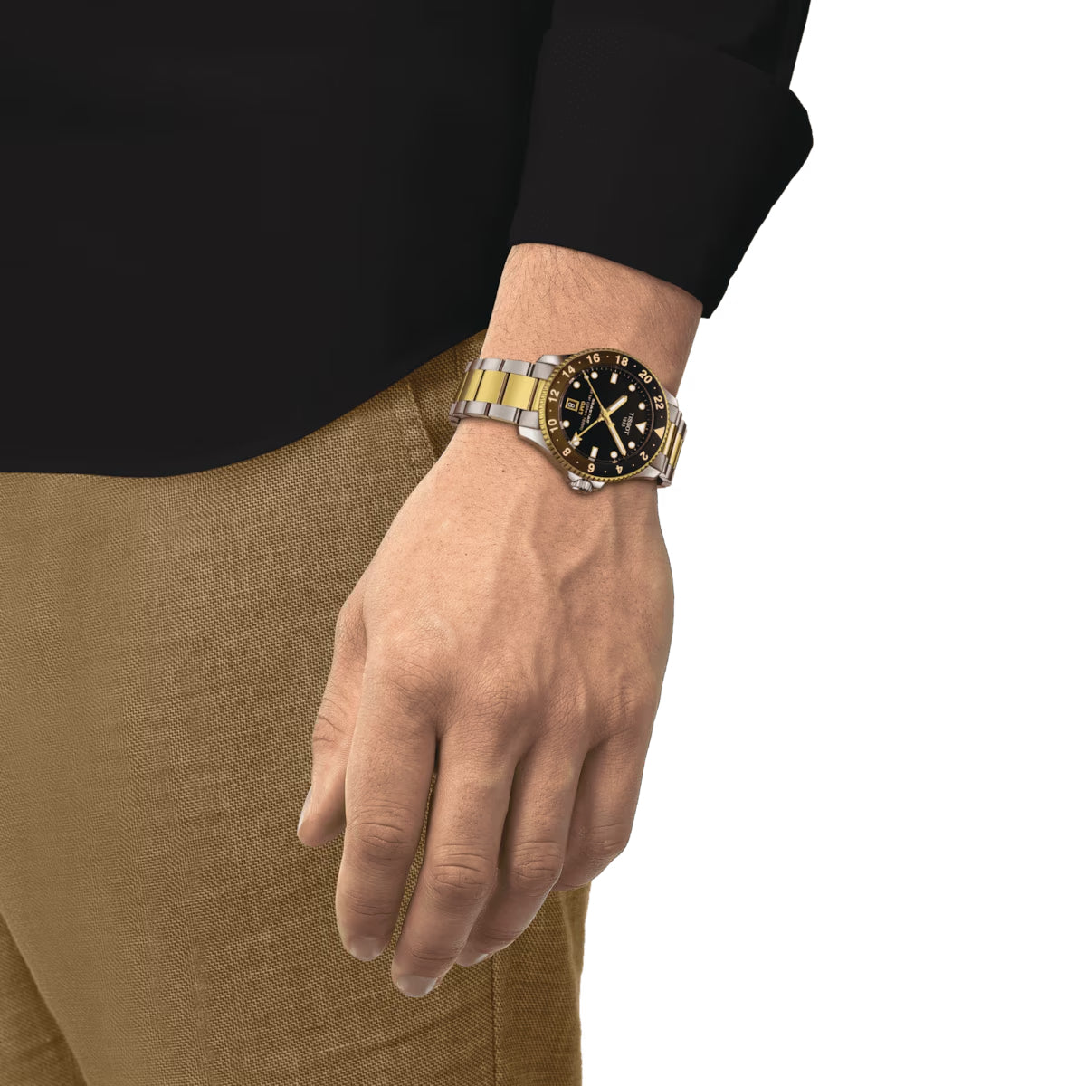 Orologio Uomo Tissot Seastar GMT Acciaio Dorato Marrone Nero Data T1208522205100
