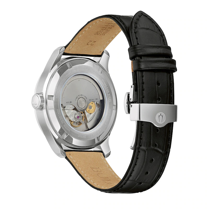 Orologio Uomo Bulova Automatico GMT Wilton Blu Acciaio Data Pelle Nero 96B385