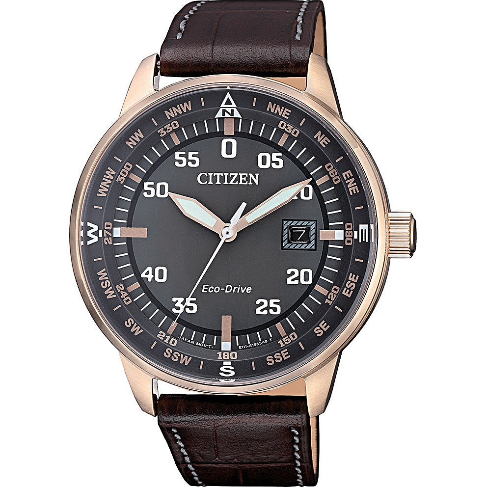 Orologio Uomo Acciaio Citizen Solo Tempo Aviator Eco Drive Cinturino Pelle
