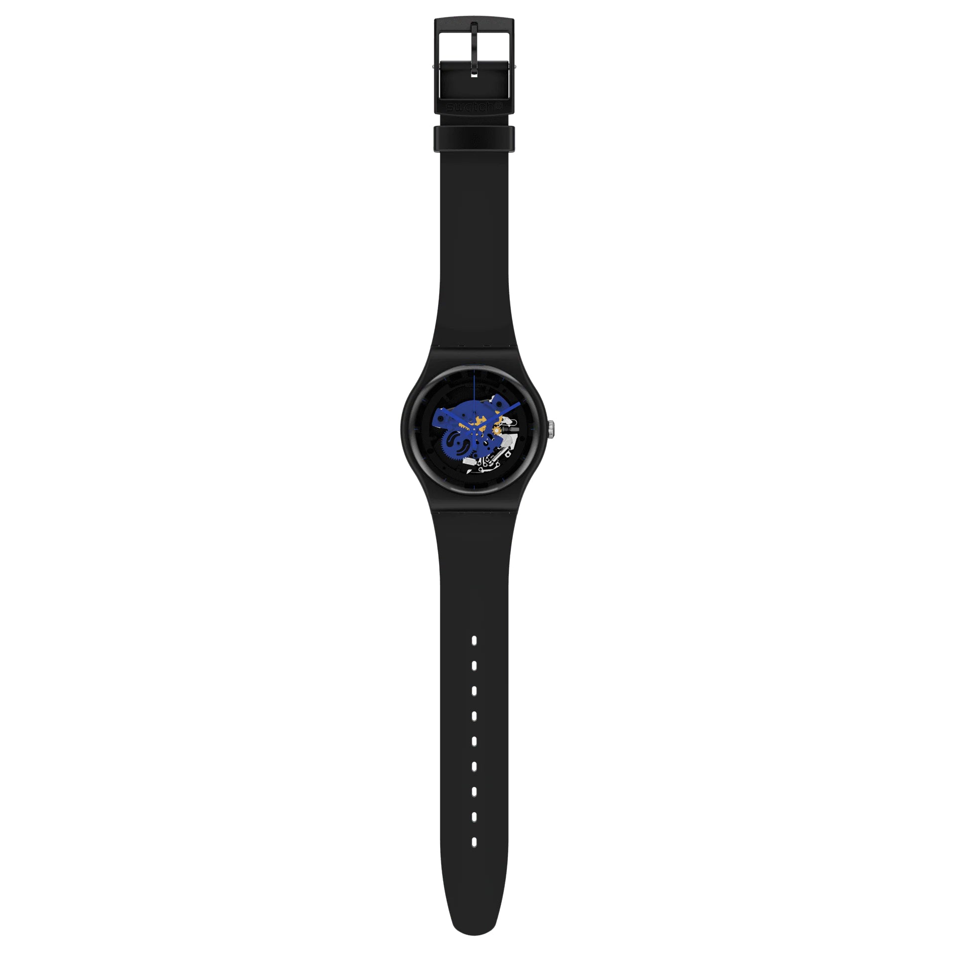 Orologio Uomo Swatch Quarzo Bioceramic Time To Blue Big Scheletrato Nero SO32B109