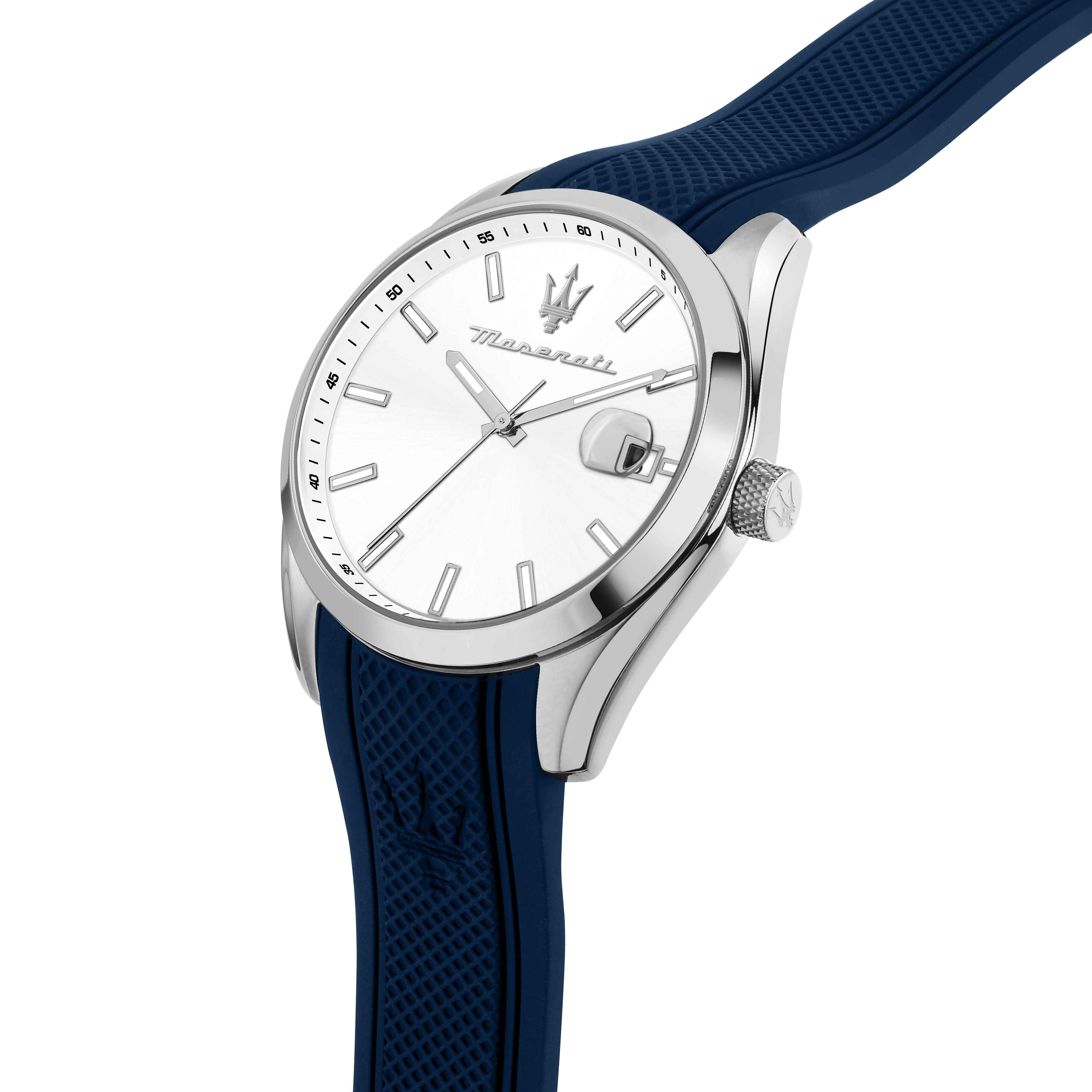 Orologio Uomo Maserati Acciaio Quarzo Solo Tempo Data Bianco Gomma Blu R8851151007
