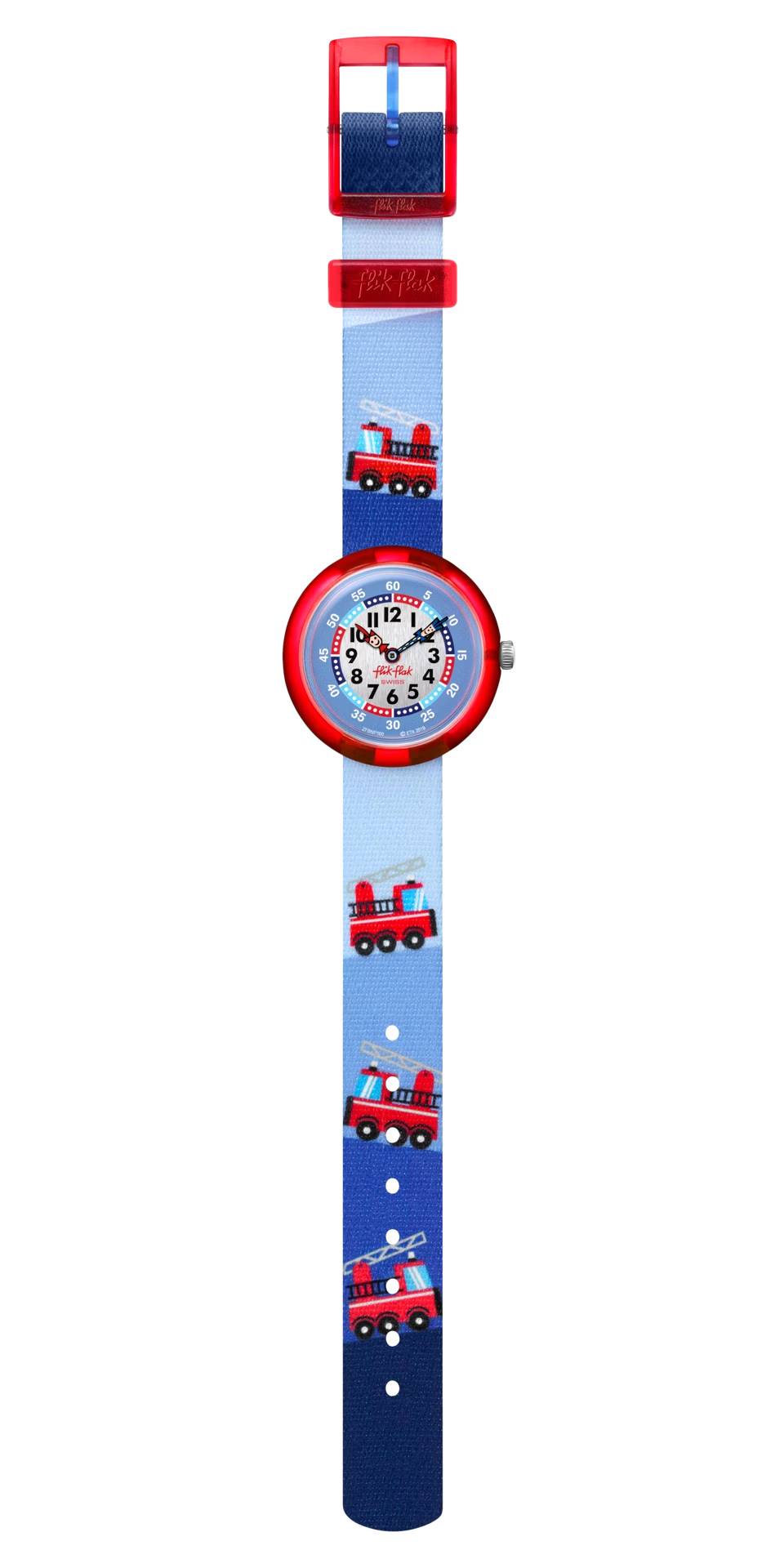 Orologio Bambino Swatch Flik Flak Fire Truck Quarzo Solo Tempo Blu Rosso ZFBNP160
