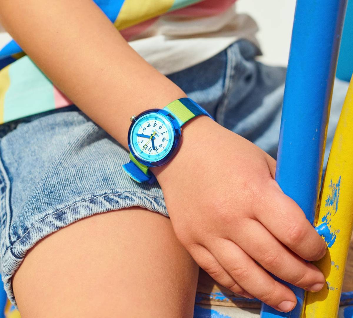 Orologio Bambino Swatch Flik Flak Stripy Blue Quarzo Solo Tempo Blu Verde ZFPNP112