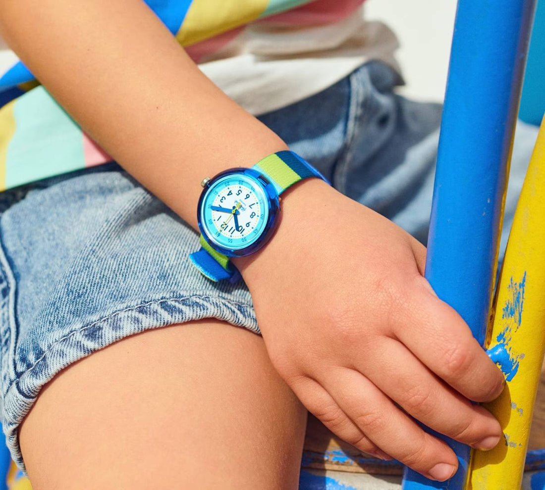 Orologio Bambino Swatch Flik Flak Stripy Blue Quarzo Solo Tempo Blu Verde ZFPNP112