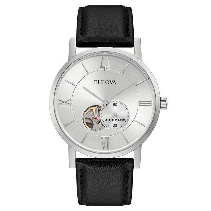 Orologio Uomo Bulova Automatico Clipper Pelle Nero Acciaio Open Heart 96A237