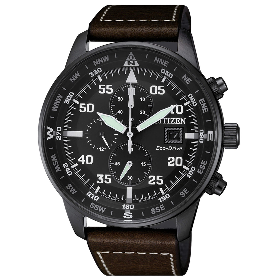 Orologio Uomo Citizen Eco-Drive Cronografo Nero Aviator Pelle CA0695-17E