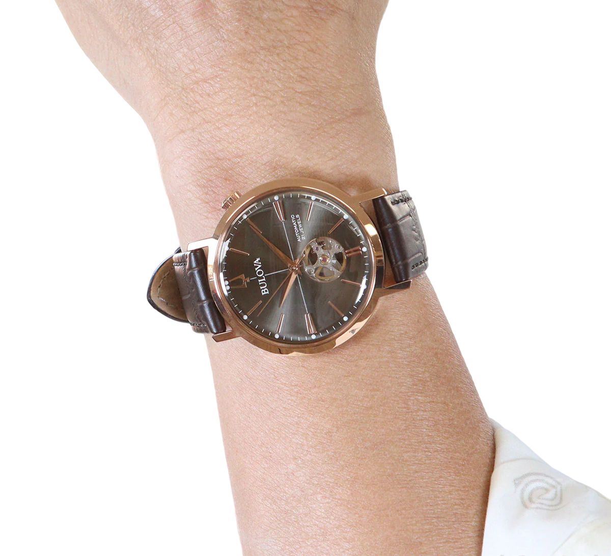 Orologio Uomo Bulova Automatico Aerojet Pelle Marrone Acciaio Rosè Open Heart 97A171